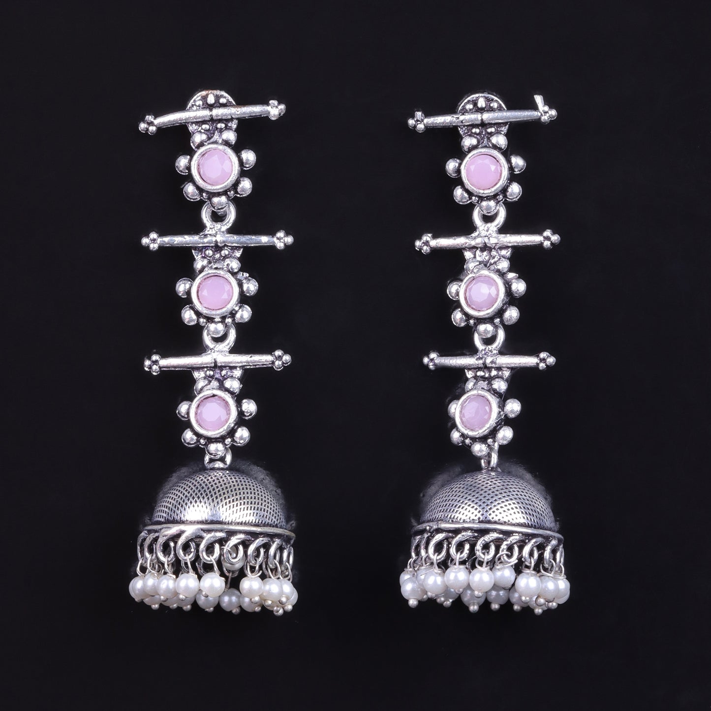 Baby Pink Stone Studded Triple Layered Jhumkas