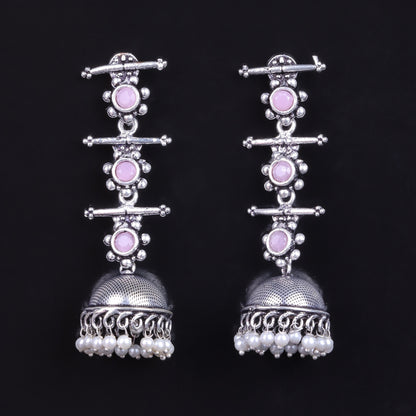 Baby Pink Stone Studded Triple Layered Jhumkas