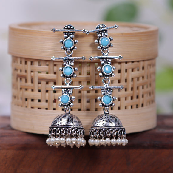 Sky Blue Stone Studded Triple Layered Jhumkas