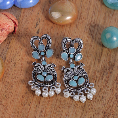 Mint Stone Studded Delicate Oxidised Earrings With Hanging Pearls