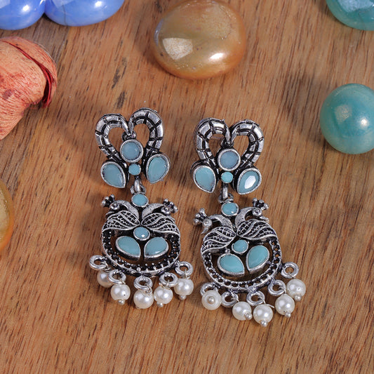 Mint Stone Studded Delicate Oxidised Earrings With Hanging Pearls