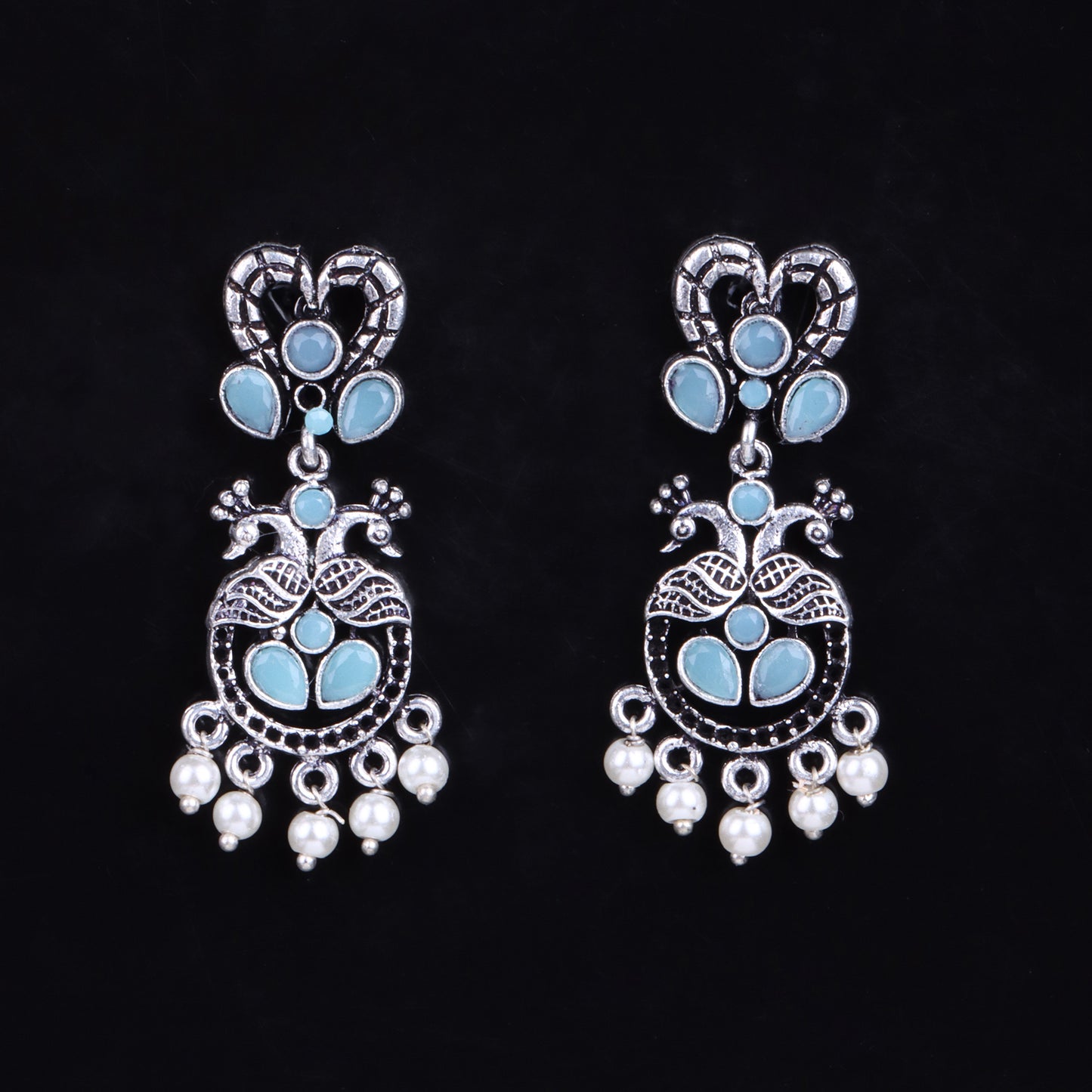 Mint Stone Studded Delicate Oxidised Earrings With Hanging Pearls