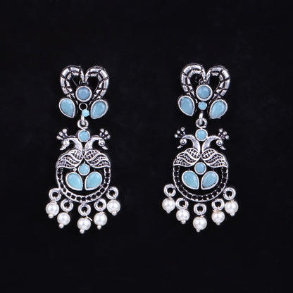 Mint Stone Studded Delicate Oxidised Earrings With Hanging Pearls