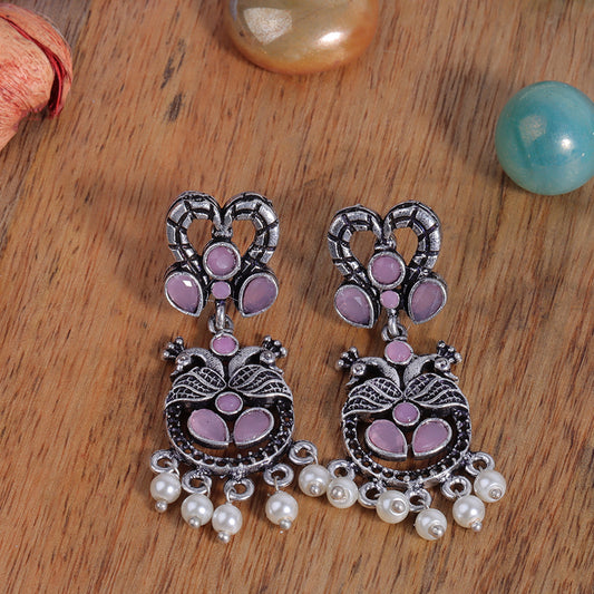 Baby Pink Stone Studded Delicate Oxidised Earrings With Hanging Pearls