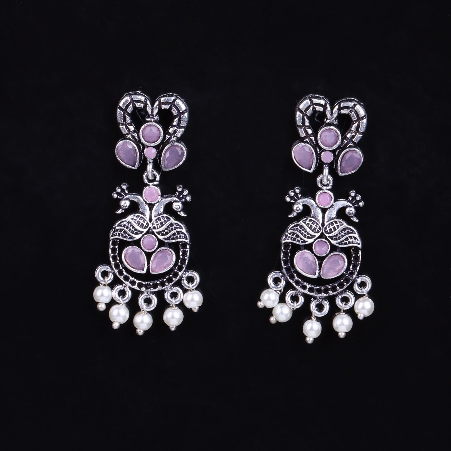 Baby Pink Stone Studded Delicate Oxidised Earrings With Hanging Pearls