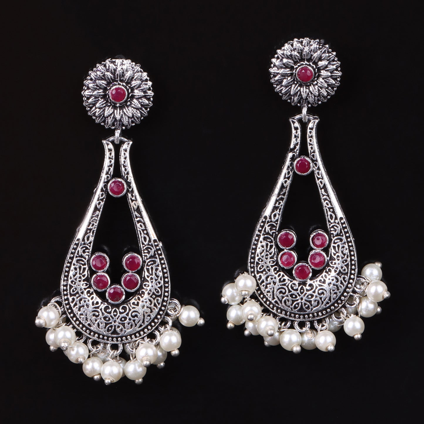 Red Stone Studded Statement Earrings With Hanging Pearls