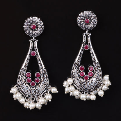 Red Stone Studded Statement Earrings With Hanging Pearls