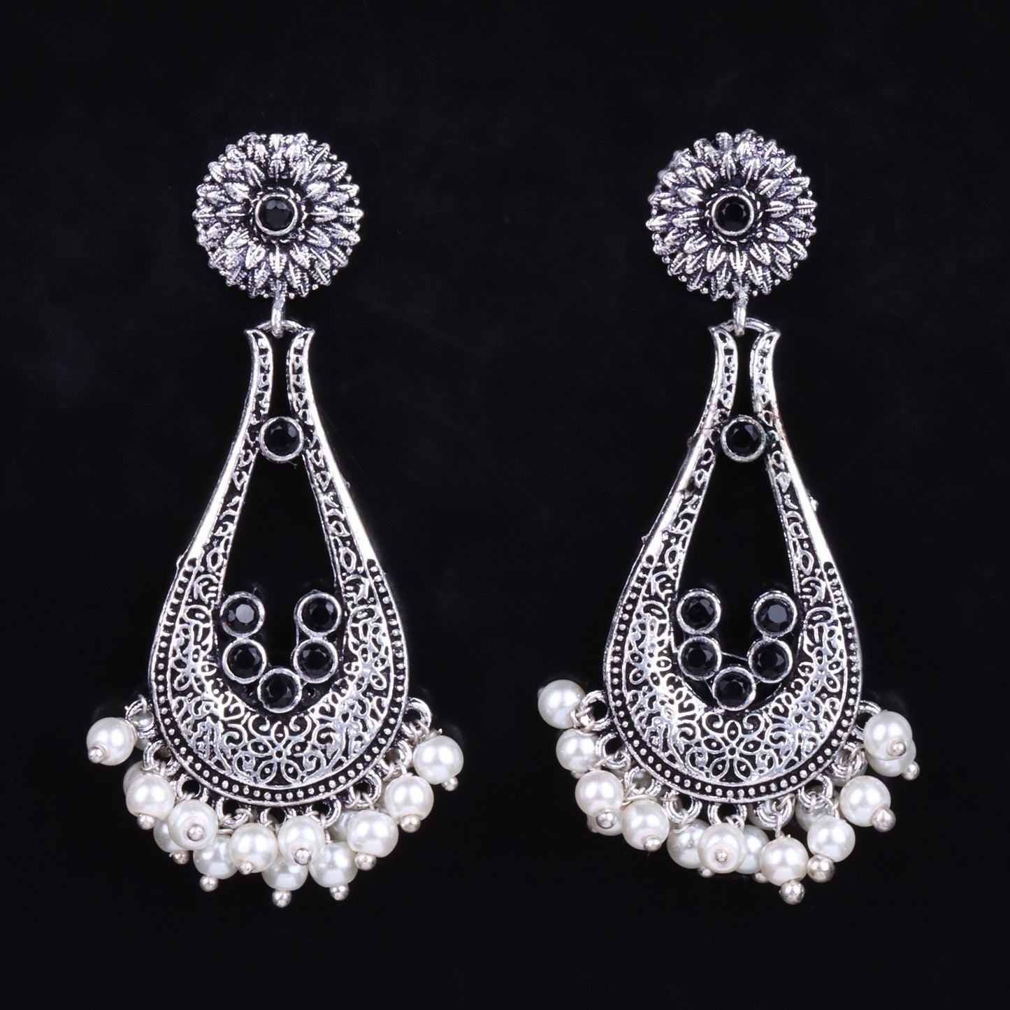 Black Stone Studded Statement Earrings With Hanging Pearls