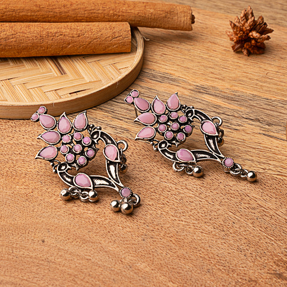 Baby Pink Stone Studded Oxidised Dangler Earrings