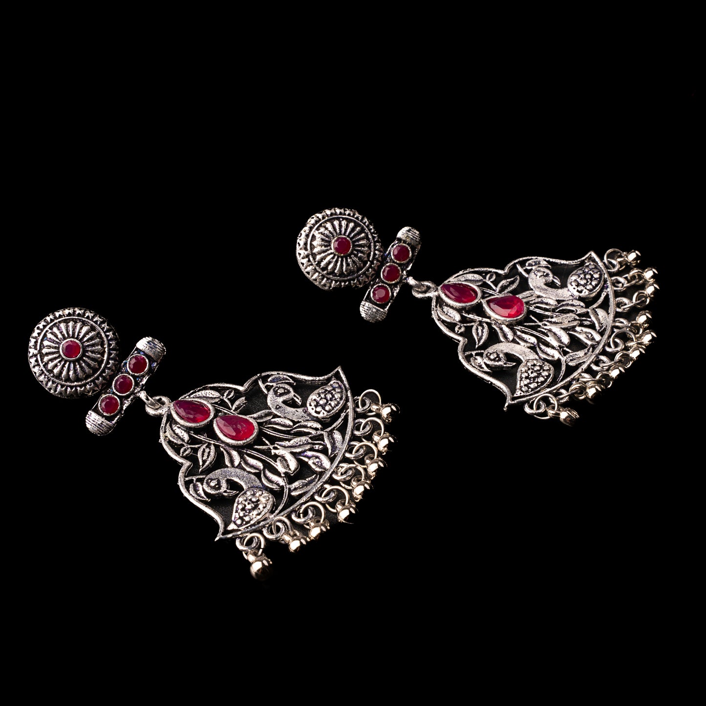 Red Stone Studded Oxidised Danglers
