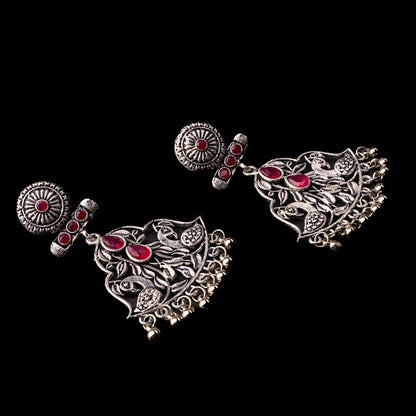 Red Stone Studded Oxidised Danglers