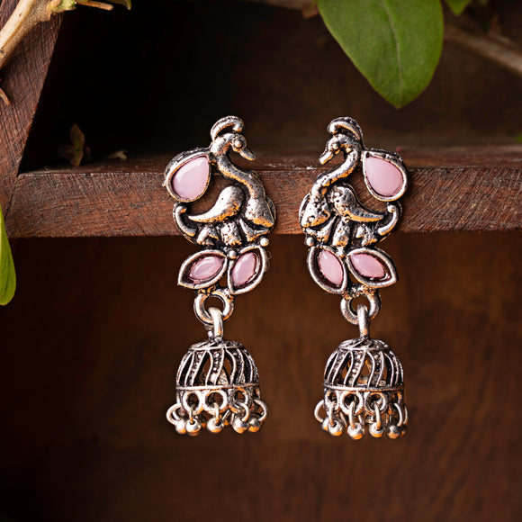 Baby Pink Stone Studded Peacock Oxidised Earrings With Hanging Jhumki