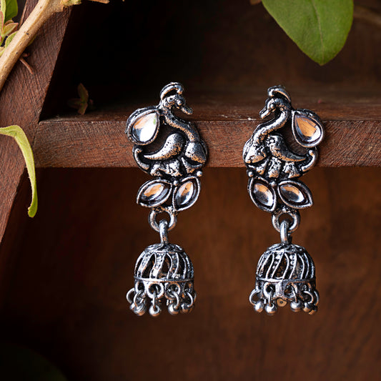 White Stone Studded Peacock Oxidised Earrings With Hanging Jhumki