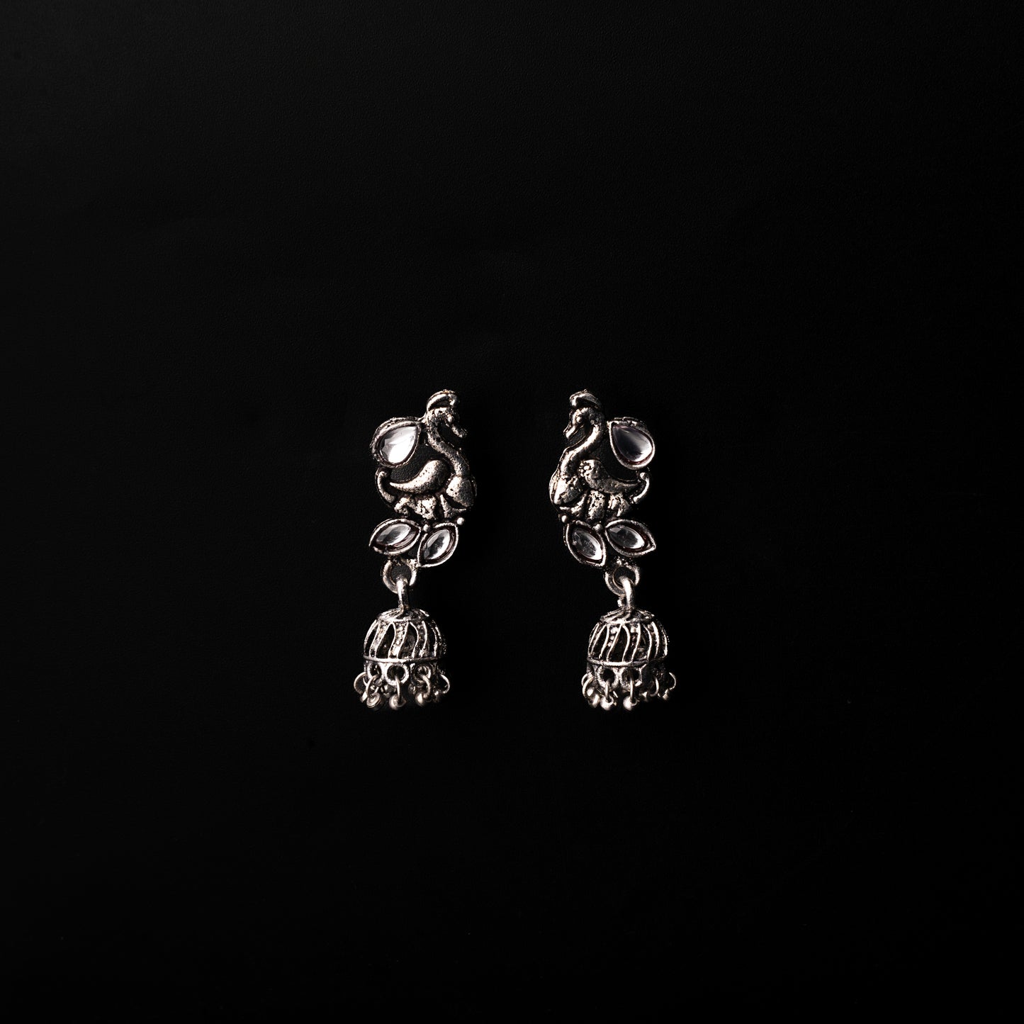 White Stone Studded Peacock Oxidised Earrings With Hanging Jhumki