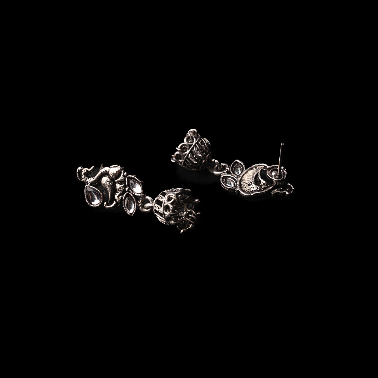 White Stone Studded Peacock Oxidised Earrings With Hanging Jhumki