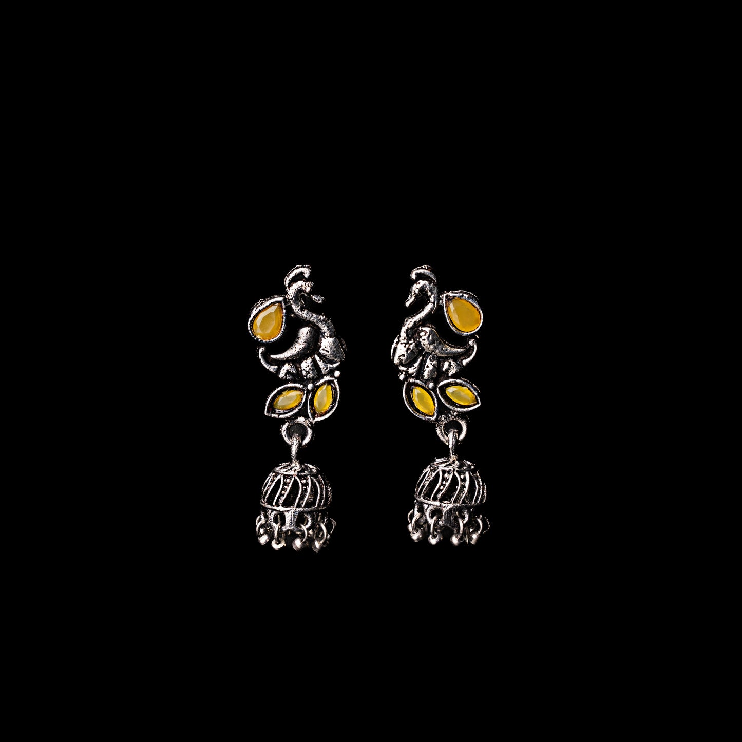 Yellow Stone Studded Peacock Oxidised Earrings With Hanging Jhumki