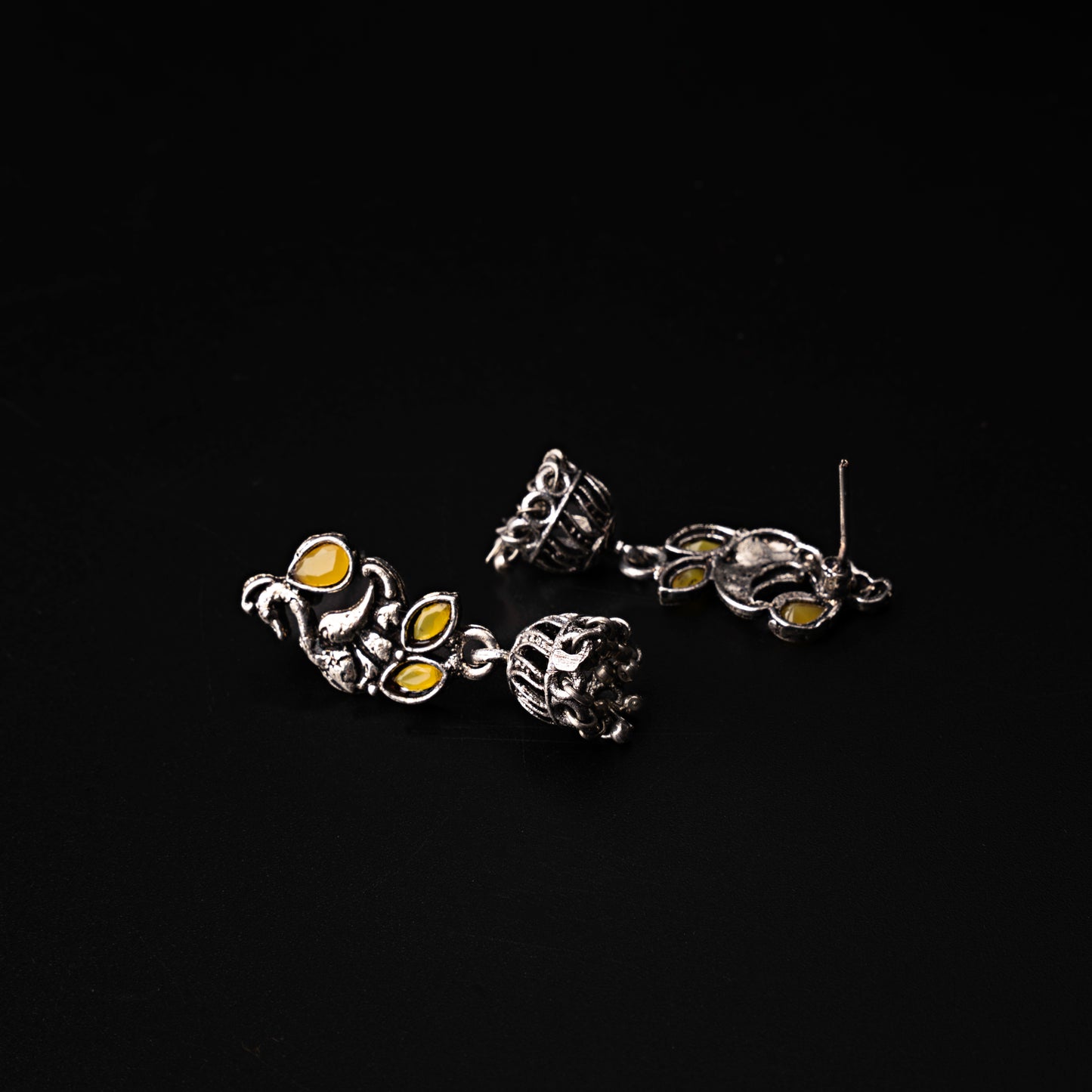 Yellow Stone Studded Peacock Oxidised Earrings With Hanging Jhumki
