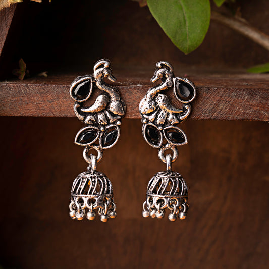 Black Stone Studded Peacock Oxidised Earrings With Hanging Jhumki