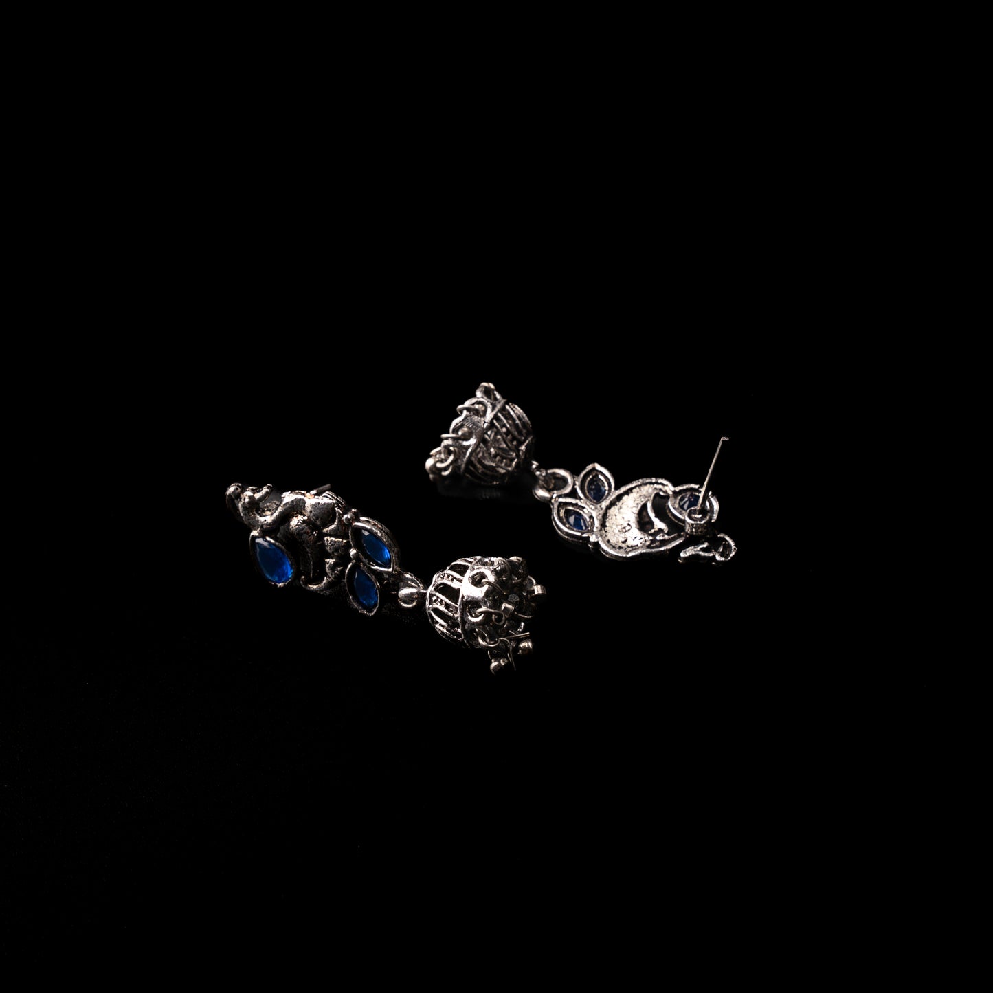 Blue Stone Studded Peacock Oxidised Earrings With Hanging Jhumki