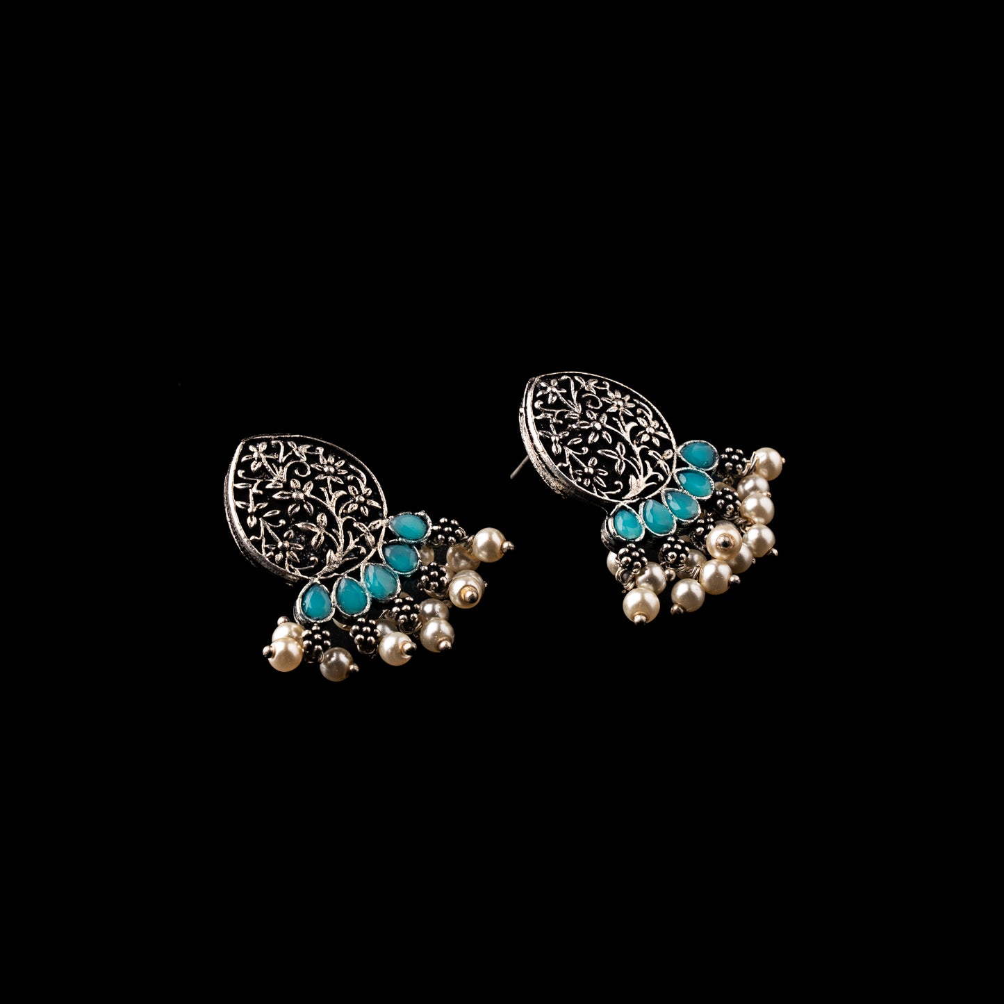 Sky Blue Stone Studded Elegant Oxidised Stud Earrings