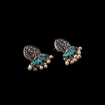Sky Blue Stone Studded Elegant Oxidised Stud Earrings