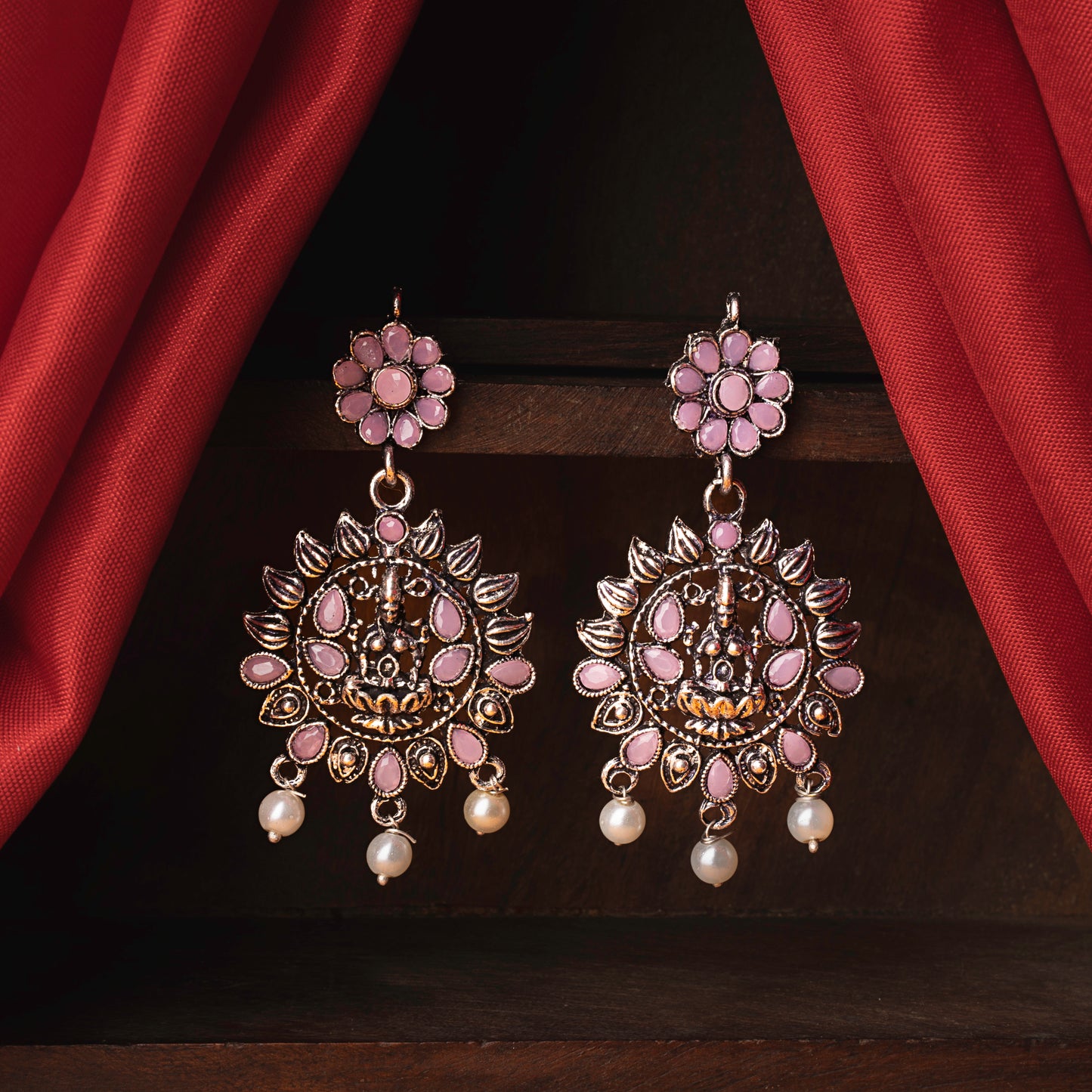 Baby Pink Stone Studded Laxmi Motif Oxidised Earrings With Hanging Pearls