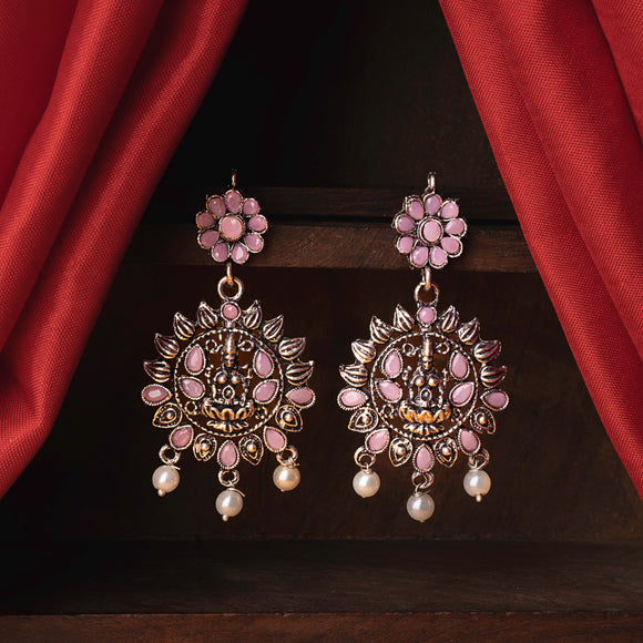 Baby Pink Stone Studded Laxmi Motif Oxidised Earrings With Hanging Pearls