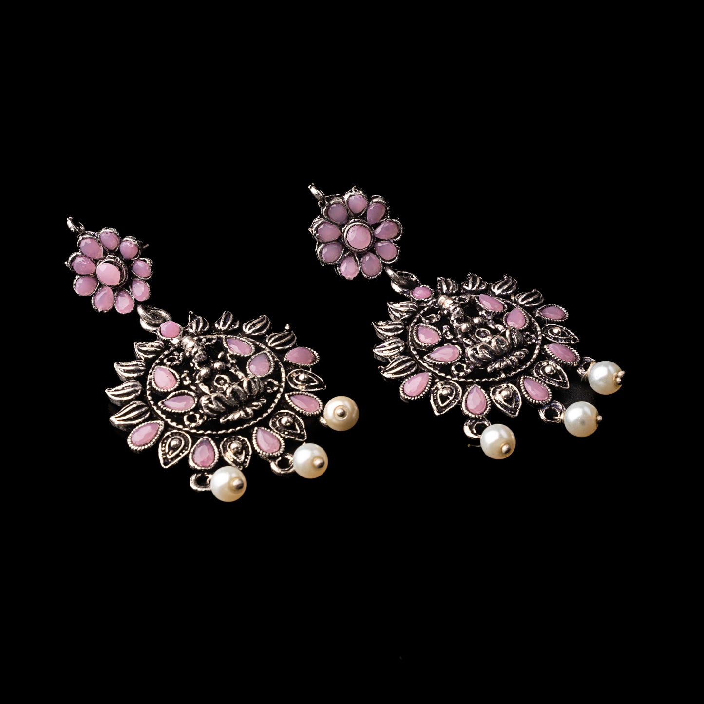 Baby Pink Stone Studded Laxmi Motif Oxidised Earrings With Hanging Pearls