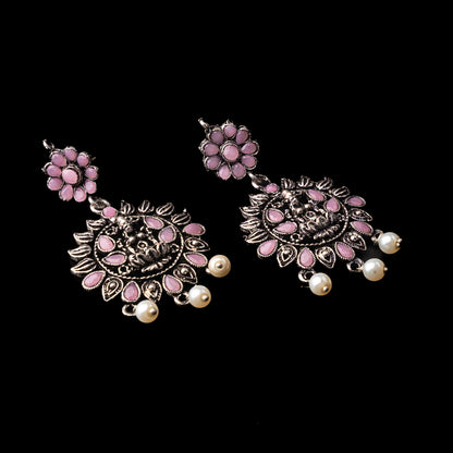 Baby Pink Stone Studded Laxmi Motif Oxidised Earrings With Hanging Pearls