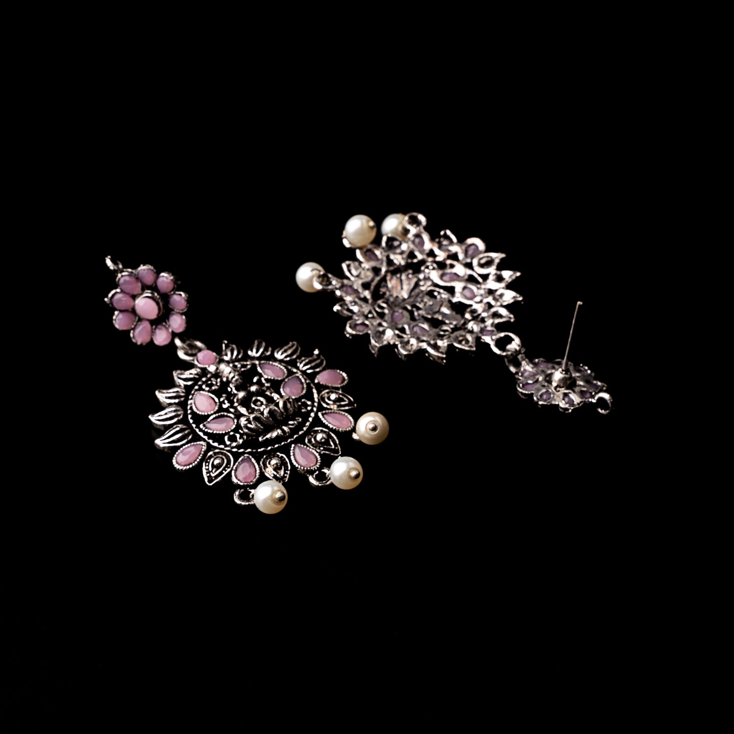 Baby Pink Stone Studded Laxmi Motif Oxidised Earrings With Hanging Pearls