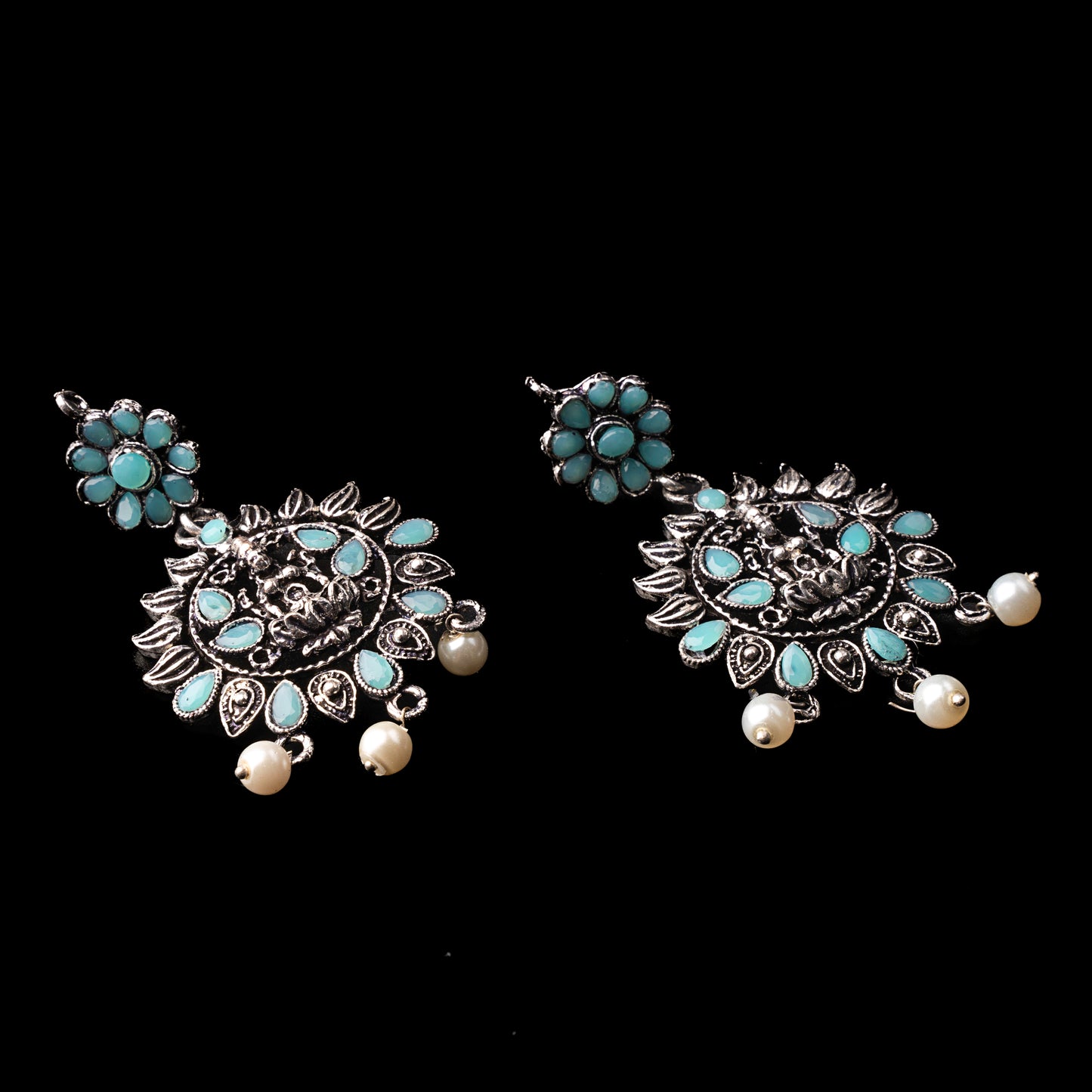 Mint Stone Studded Laxmi Motif Oxidised Earrings With Hanging Pearls