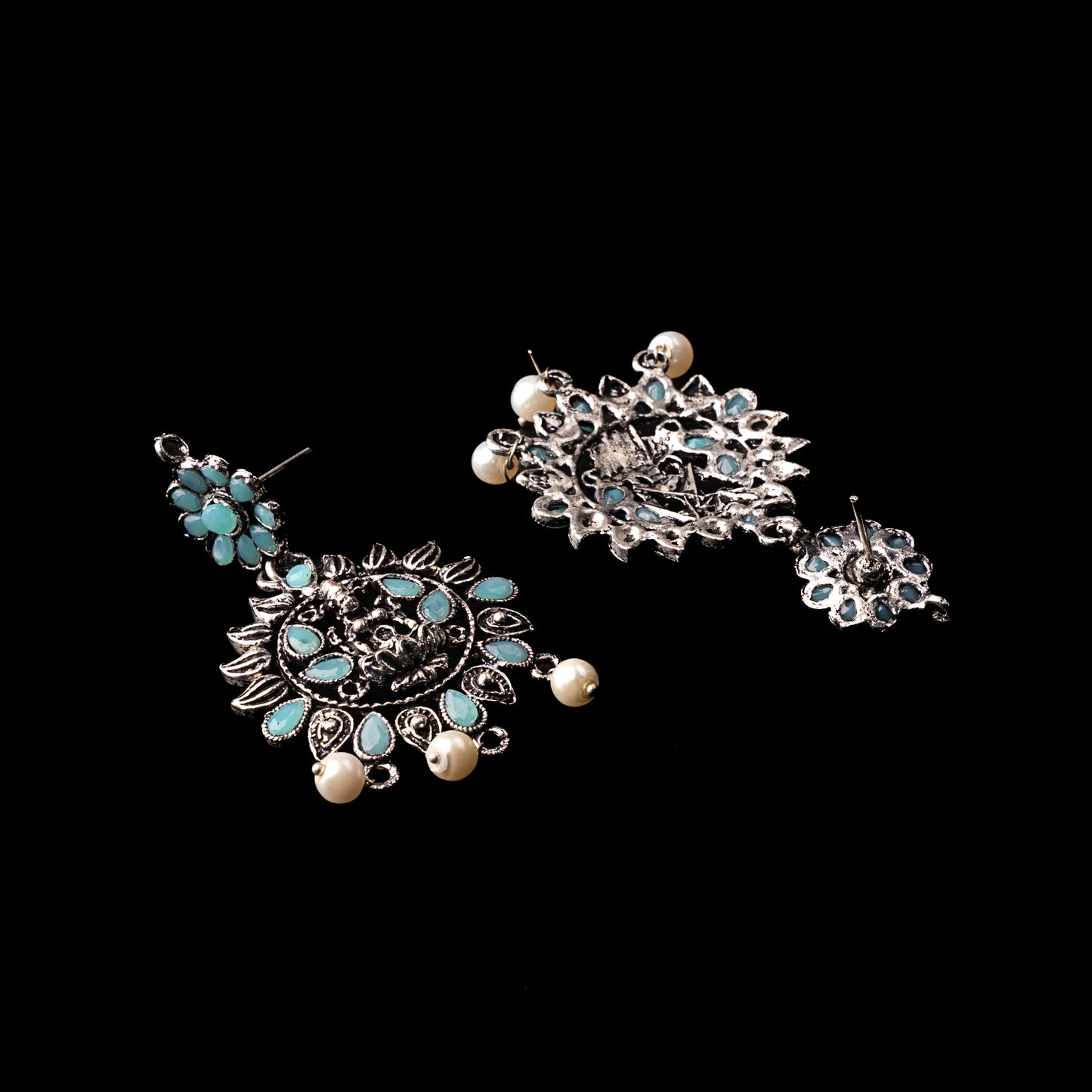 Mint Stone Studded Laxmi Motif Oxidised Earrings With Hanging Pearls