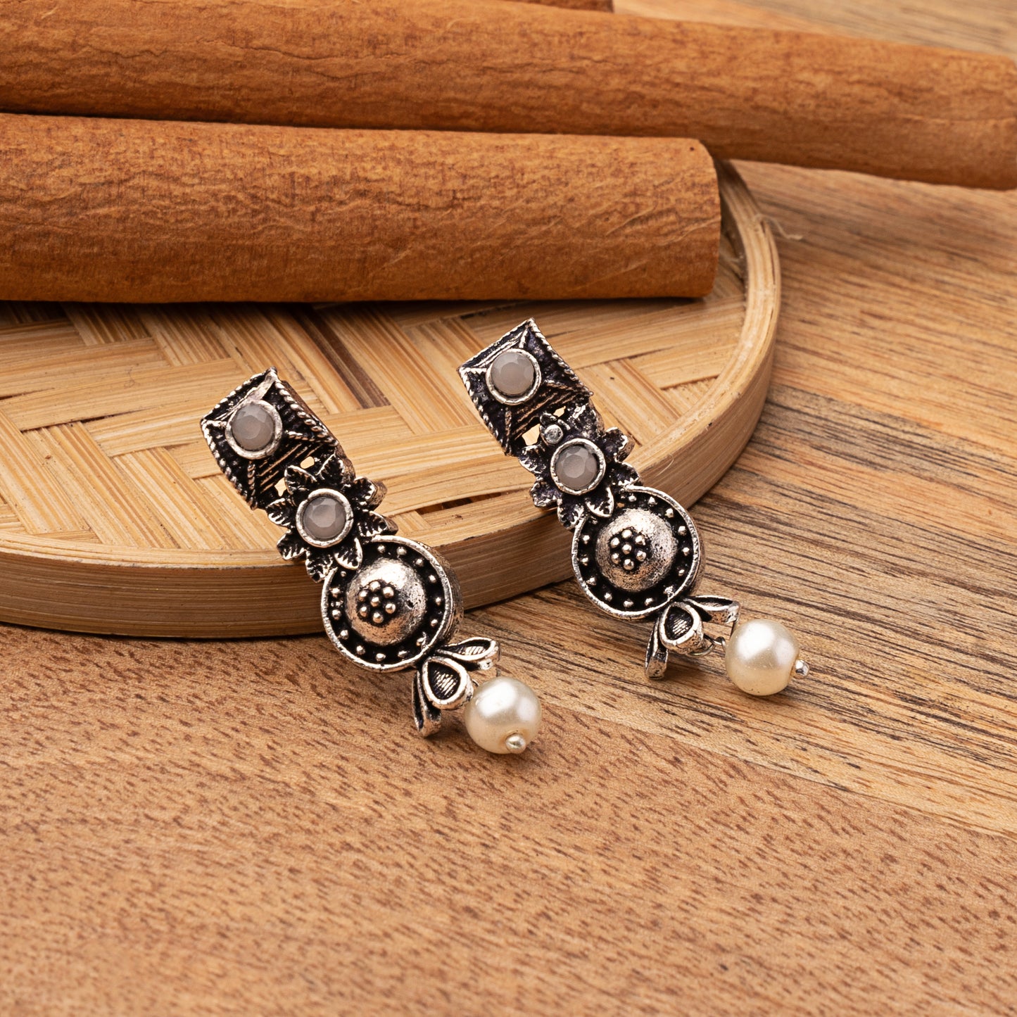 Grey Stone Studded Beautiful Oxidised Studs With Hanging Pearl
