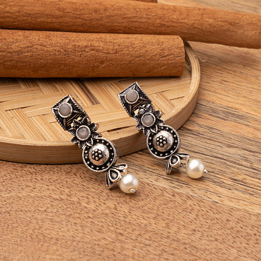 Grey Stone Studded Beautiful Oxidised Studs With Hanging Pearl