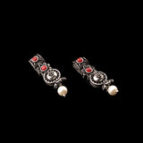 Dark Red Stone Studded Beautiful Oxidised Studs With Hanging Pearl