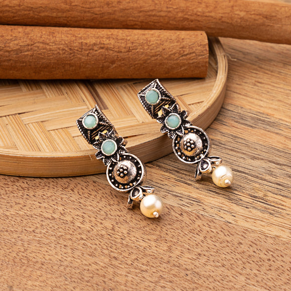 Mint Stone Studded Beautiful Oxidised Studs With Hanging Pearl