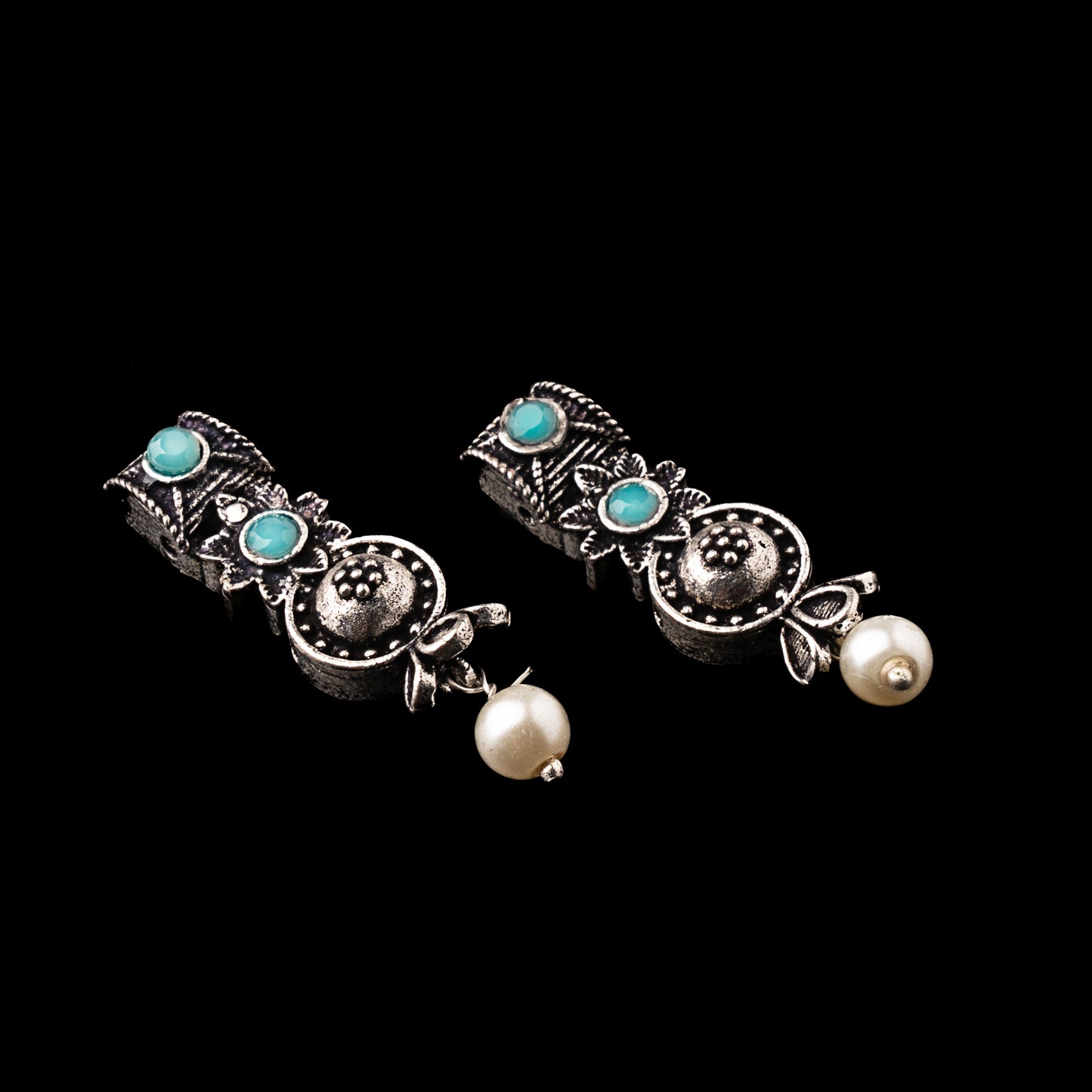Mint Stone Studded Beautiful Oxidised Studs With Hanging Pearl