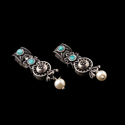 Mint Stone Studded Beautiful Oxidised Studs With Hanging Pearl