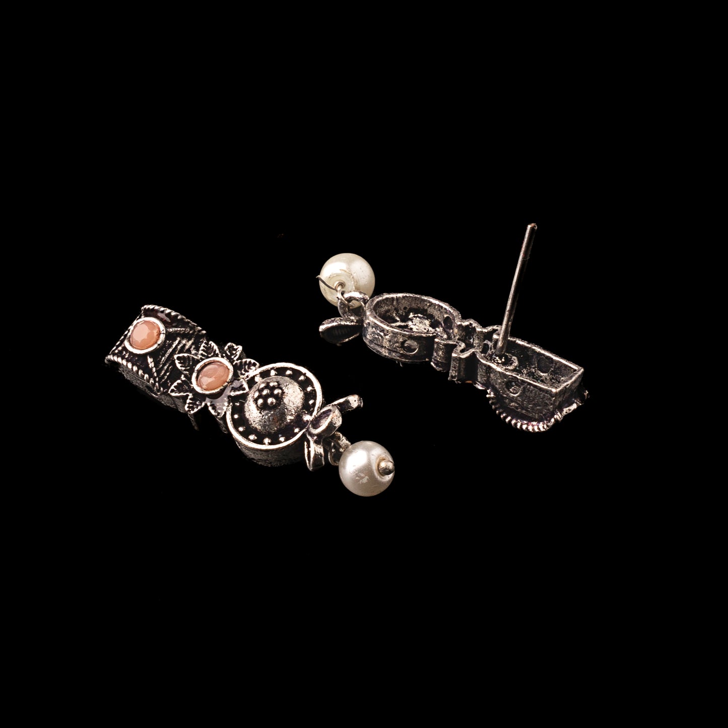 Light Orangish Stone Studded Beautiful Oxidised Studs With Hanging Pearl