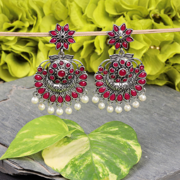 Red Stone Studded Statement Oxidised Earrings With Hanging Pearls