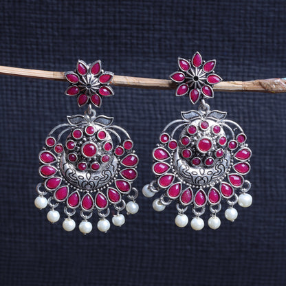 Red Stone Studded Statement Oxidised Earrings With Hanging Pearls