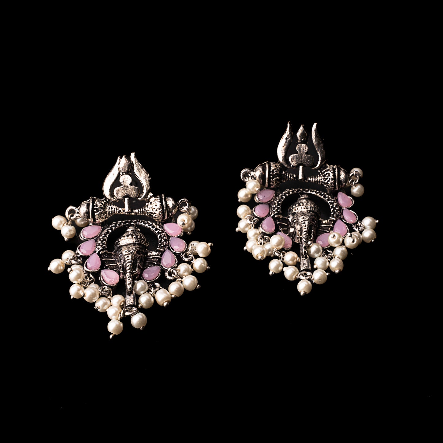 Baby Pink Stone Studded Beautiful Ganesha Earrings With Hanging Baby Pearls