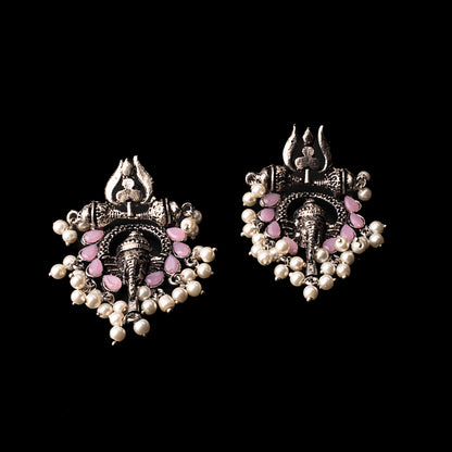 Baby Pink Stone Studded Beautiful Ganesha Earrings With Hanging Baby Pearls