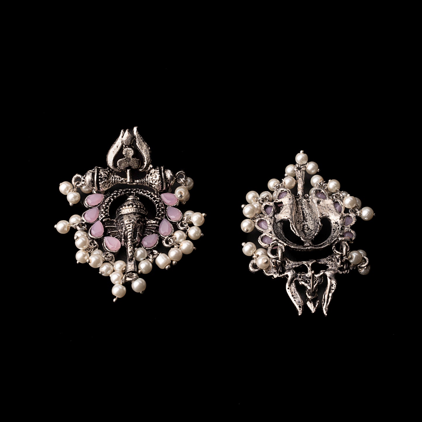 Baby Pink Stone Studded Beautiful Ganesha Earrings With Hanging Baby Pearls