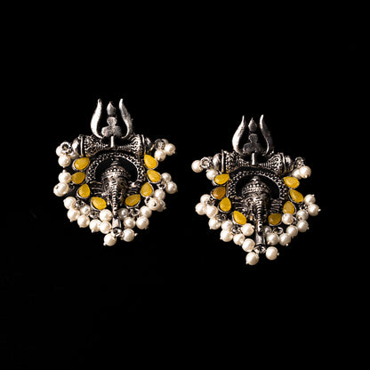 Yellow Stone Studded Beautiful Ganesha Earrings With Hanging Baby Pearls