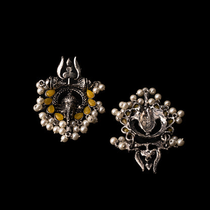 Yellow Stone Studded Beautiful Ganesha Earrings With Hanging Baby Pearls