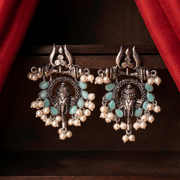 Mint Stone Studded Beautiful Ganesha Earrings With Hanging Baby Pearls