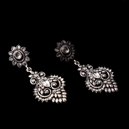 White Stone Studded Statement Oxidised Earrings