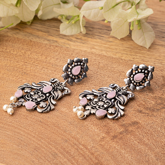 Baby Pink Stone Studded Oxidised Earrings With Hanging Pearls