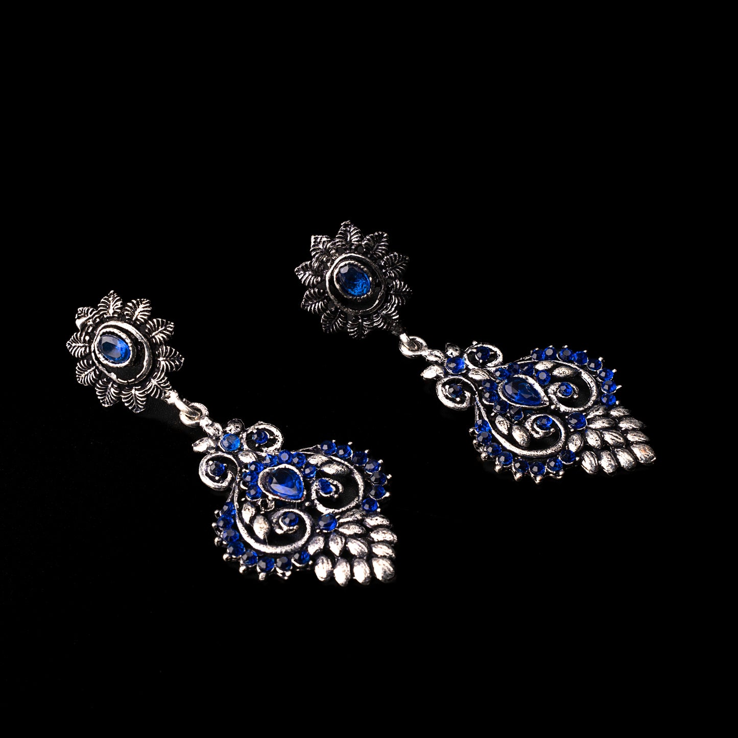 Blue Stone Studded Statement Oxidised Earrings